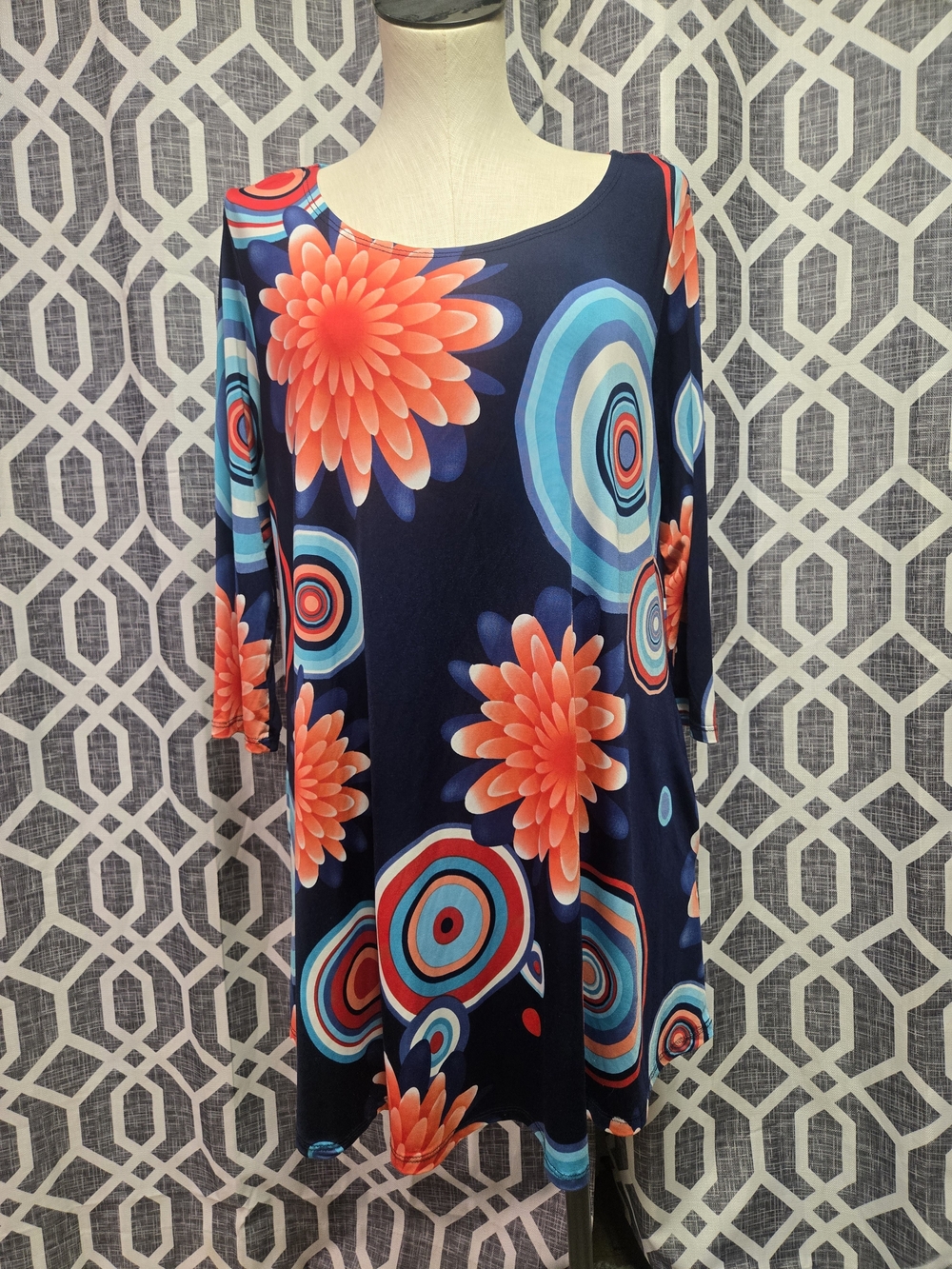 Navy Floral Target Print Mini Dress - Bold Coral & Aqua Accents